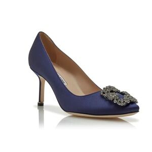 Manolo Blahnik  HANGIS  Navy Blue Satin Jewel Buckle Pumps